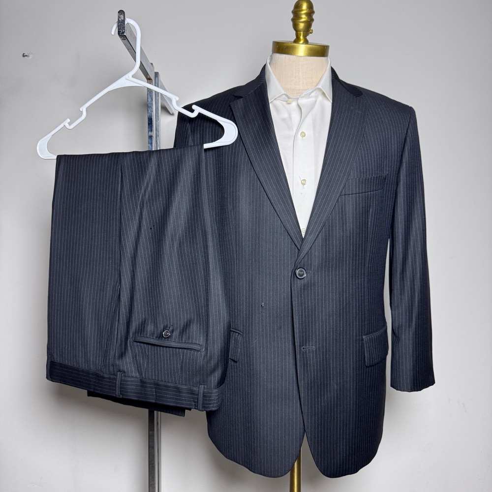 Hugo Boss Suit Mens 42S 36x28 Navy Blue Pinstripe Wool Pasolini Movie‎ 2-Button